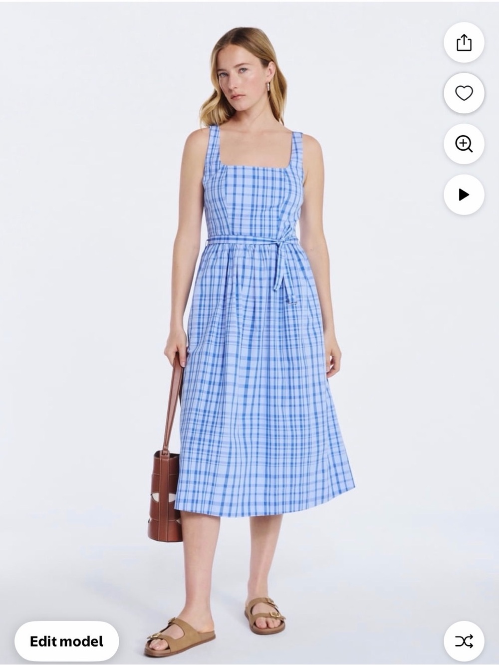 Blue Checked Square-Neck Midi Dress